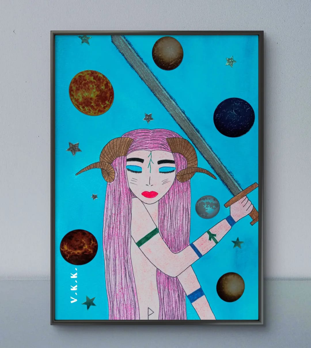 Framed illustration of a pink-haired woman in space, floating planets and stars around her.