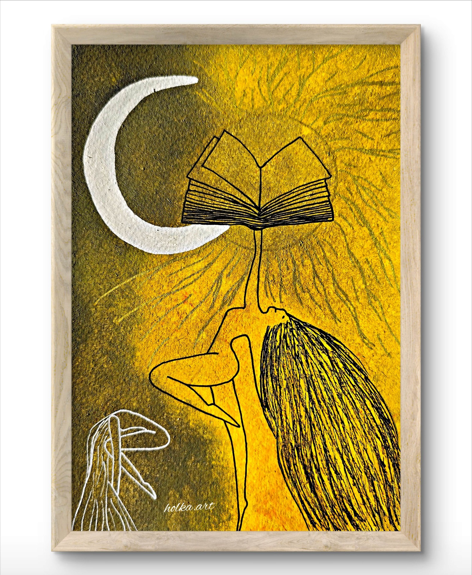 Abstract framed artwork with yellow and green background, crescent moon, open book, and black line figure.