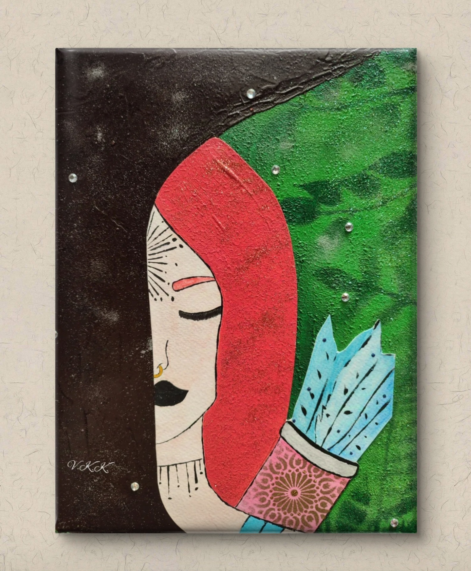 Abstract painting shows a woman’s face with red hair, black background, and green textured field.